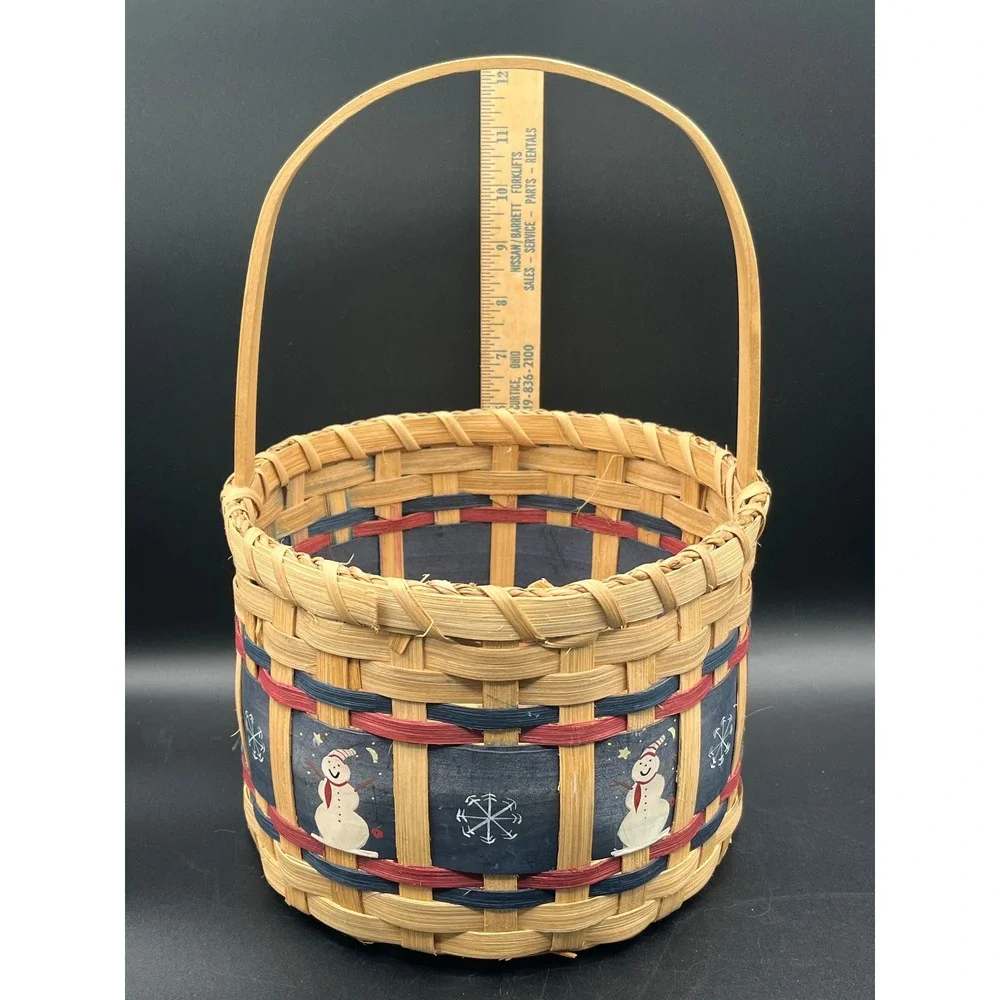 Hand Woven Round Splint Basket Snowman Snowflake Winter Holiday Handle 12x8
